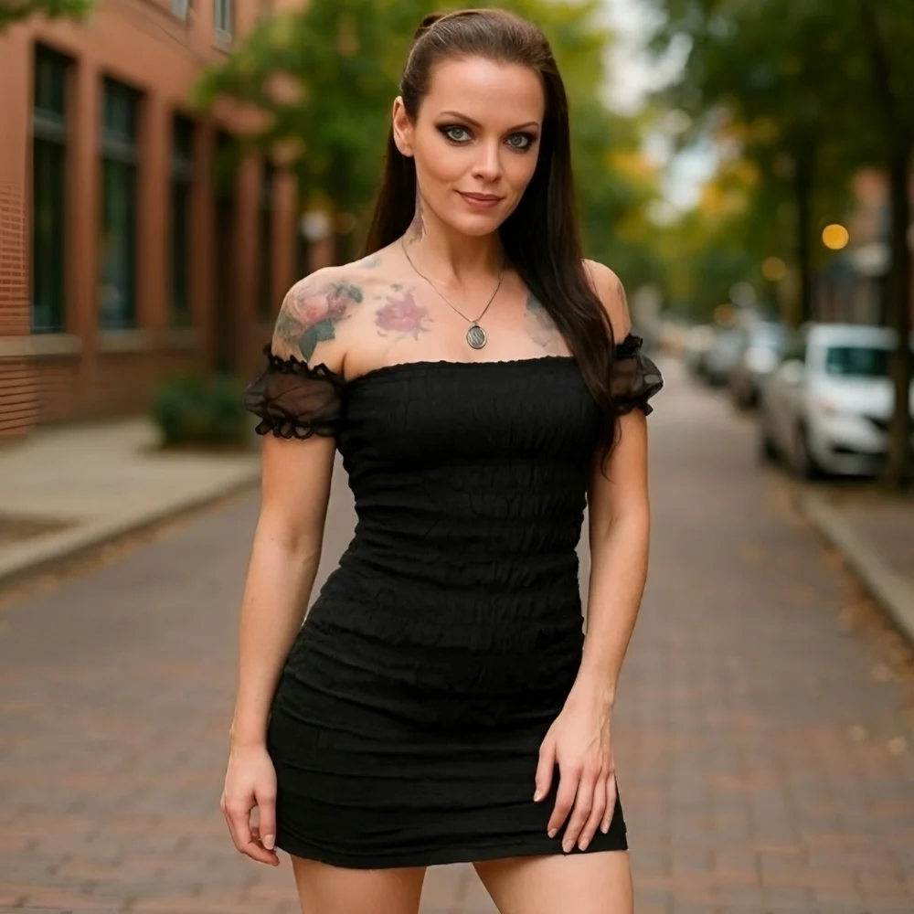 Motel ✦ Lenira Black Textured Mini Dress ✦ Puff Sheer Sleeve Square Neck M NWT - Picture 7 of 9